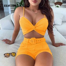 Sexy Off Shoulder Two Piece Set Summer Floral Print Crop Top and Belted Shorts Suit Women Sleeveless Spaghetti Strap 2 Piece Set Y0702