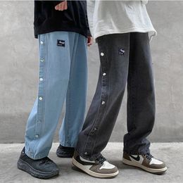 Men's Jeans Mens Double Side Button Straight Men Fashion Streetwear Loose Casual Hip Hop Trousers Wide Leg Harajuku Cargo Pants