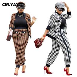 CM.YAYA Houndstooth Patchwork Two 2 Piece Set for Women Vintage Fitness Outfits Jacket + Pants Set Streetwear Tracksuit 210709