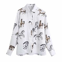 Women Horse Print Turndown Collar Satin Shirt Female Long Sleeve Blouse Casual Lady Loose Tops Blusas S8162 210721