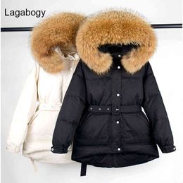 Lagabogy Winter Real Natural Fur Hooded Puffer Jacket 90% White Duck Down Coat Female Loose Thick Warm Windproof Parkas 211130