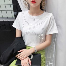 Korean Diamond White T shirt Women Clothes Cotton Fashion Female T-Shirt Summer Tops Black Tee Shirt Short Sleeve 210604