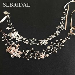 SLBRIDAL Rose Gold Crystal Rhinestone Pearls Wedding Hair accessories Hair Vine Hairband Bridal Headband Bridesmaids Jewelry X0625