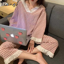 2 Pcs/Sets lace stitching plaid Pyjamas Set Autumn Plus Size home suit women Sleepwear V-neck sexy Top + Long Pant Girls Pyjama 210619