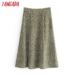 Tangada Women Green Dots Chiffon Midi Skirt Faldas Mujer Vintage Zipper Office Ladies Elegant Chic Mid Calf Skirts 6M17 210609