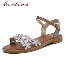 Meotina Women Shoes Genuine Leather Sandals Flat Flower Sandals Round Toe Cow Leather Ladies Footwear Summer Black Big Size 43 210608