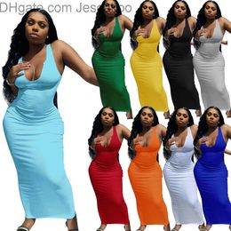 15 Colors Women Maxi Dresses Sexy Sleeveless Solid Color V Neck Slim Bodycon Dress Fashion Clubwear Summer Clothes