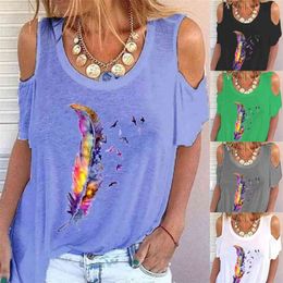 Summer European and American Round Neck Off Shoulder Tops Retro Printed T-shirt Loose Casual Shirt Feather Pattern Pullover 210623