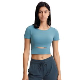 Lu Push Up Designer Chest Padded Gym Fiess Tanks Crop Tops Women Short Sleeves Plain Soft Summer Yoga Workout Shirt Sports Bras with Removable Pads