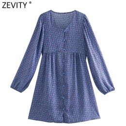 Zevity Women Sweet V Neck Floral Print Breasted A Line Mini Dress Prairie Chic Spring Female Long Sleeve Vestido DS4959 210603