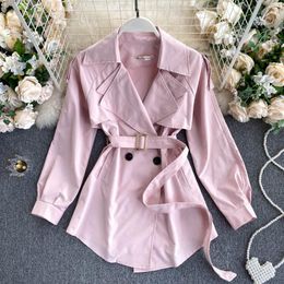 Women's Trench Coats Korean Style Pink Elegant Women Coat Spring Vintage Double Breasted High Waist Short Windbreaker Slim Button White Tops