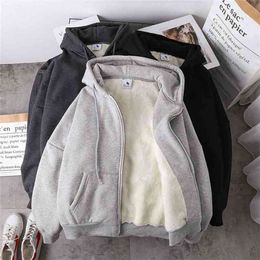 Jacket women solid Colour autumn winter imitation lamb wool korean loose plus velvet thick hooded zipper sweatshirt tops 210809