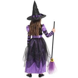 Kid Girls Halloween Witch Costume Sparkly Silver Stars Printed Carnival Cosplay Dress With Pointed Hat Wand Up Clothes Y0913