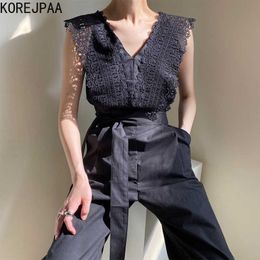 Korejpaa Women Pants Sets Korea Chic Temperament V-neck Lace Stitching Strap Waist Sleeveless Jumpsuit Trousers Suit Female 210526