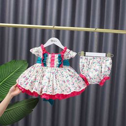 Little Girl Lolita Princess Floral Dress Children Spanish Ruffle Dresses Baby Girls Spain Dresses with Short Pants Suit G1129