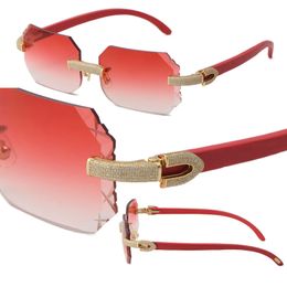 Selling Micro-paved Diamond Rimless wood Sunglasses Red Wooden Sun Glasses Rocks Metal Frame Male and Female 18K Gold Luxury Large Square Eyewear Cat Eye Eyeglasses