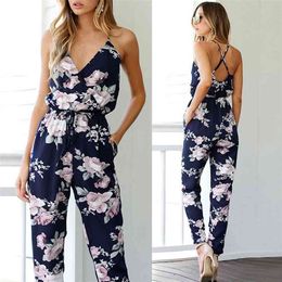 Rompers Womens Jumpsuit Summer Ladies Blue Sexy Deep V Neck lace Up Sleeveless Floral Back Cross Casual Femme 210607