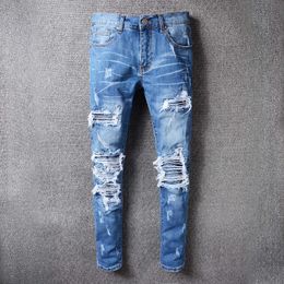 American Streetwear Fashion Men Jeans Patchwork Blue Colour Elastic Slim Fit Destroyed Ripped Denim Punk Trousers Hip Hop Pants