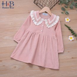 Humour Bear Girls Dress Autumn Winter Lace Collar Long Sleeve Solid Printed Dresses Sweet Children Princess Dress For 2-6Y 210303