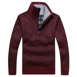 Autumn Men's Thick Warm Knitted Pullover Solid Long Sleeve Turtleneck Sweaters Half Zip Warm Fleece Winter Coat Comfy Clothing 211102
