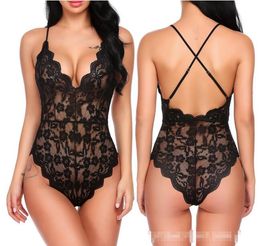 Women Sexy Lingerie V Neck Sleepwear Nightwear Ladies Lace Sling Pajamas Backless Bodysuit Female See Through Sleepwear DHL