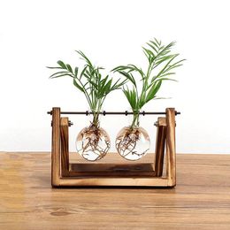 Vases Creative Bulb Vase Plant Glass Hydroponic Container Farm Decoration Wooden Flowerpot Home Decorations