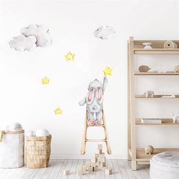 Cute Watercolour Bunny on the Stairs Stars Clouds Removable Wall Decals Nursery Art Stickers Posters PVC Girls Bedroom Home Decor 220217