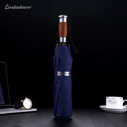 Leodauknow Classical Style Automatic 3 Folding Wood Handle Large Face Men Business 10k Windproof Umbrella High quality 210223
