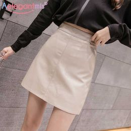 Aelegantmis High Quality Korean Solid Waist Mini Pu Skirt Women All-match Personality Female Vintage Leather A Line 210607