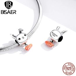 BISAER 925 Sterling Silver Animal Bunny Charms Rabbit & Carrot Beads Pendant Fit Women Original Bracelet S925 Jewelry Gift Q0531