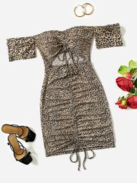 Leopard Print Off Shoulder Drawstring Dress SHE