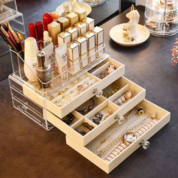 Cosmetic Storage Box Jewelry Storage Box Make-up Organizer Lipstick Stand Earrings Display Stand Drawer Transparent Acrylic 210309