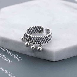 S925 Pure Silver Korean Small Bead Ring with Multi-layer Tassel Ball