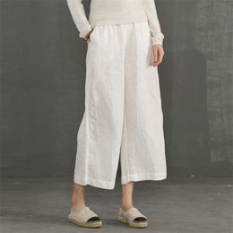 Johnature Cotton Linen Soft Wide Leg Women Pants Elastic Waist Ankle-Length Solid Colour Summer Loose Trouser 210915