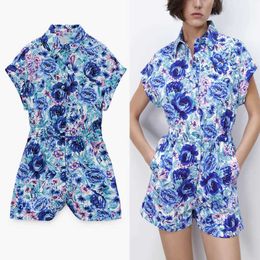 ZA Blue Floral Print Summer Jumpsuit Women Short Sleeve Elastic Waist Jumpsuits Woman Back Patch Pockets Vintage Rompers 210602