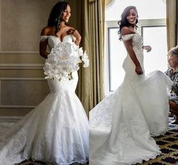 2021 Elegant Mermaid Dresses Lace Applique Beaded Chapel Train Custom Made Plus Size Beach Wedding Bridal Gown Vestido De Novia