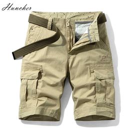 Huncher Cargo Shorts Mens Solid Side Pockets Tactical Short Pants Casual Military Jogging Khaki Plus Size For Men 210714