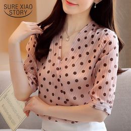 Short Sleeve Pullover Ladies Blouses New Korean Style Summer Women's Shirts Office Lady V Neck Polka Dot Blouse Women 9025 50 210225