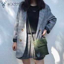 Spring Women Jackets Blazer Work Outfit Chequered Ringer Sleeve Pocket Loose Cardigan Office Wear Brown Grey Plaid Outwear 210607