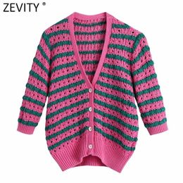 Zevity Women Fashion V Neck Colour Matching Striped Print Hollow Out Crochet Knitted Sweater Female Chic Cardigans Tops SW801 211011