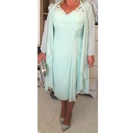 Size Mother' Plus Dresses Mint Green Chiffon V Neck Applique Lace Long Sleeves Jacket Tea Length Formal Evening Gowns Casual Dress