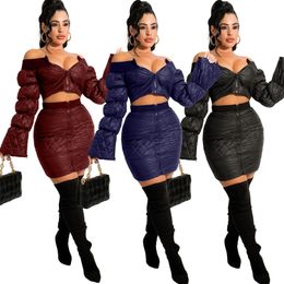 Women Lantern Sleeve Tracksuits Fashion Trend Off Shoulder Coats And Short Skirts Suits Designer Female Zipper Thick Leather Two Piece Sets