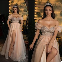 Princess A Line Evening Dresses Beads Crystal Side Split Appliqued Lace Ruched Tulle Prom Dress Off Shoulder Custom Made Formal Party Pageant Gowns