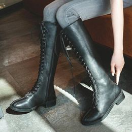 Boots Autumn Winter Shoes Women's Fashion Solid Lace-up Large Size Knee-high Flat Heels Knight Long Motorcycle