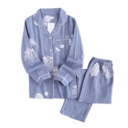 Fresh Pyjamas sets women 100% gauze cotton Japanese summer long sleeve casual sleepwear women simple cute bear pyjamas 210928