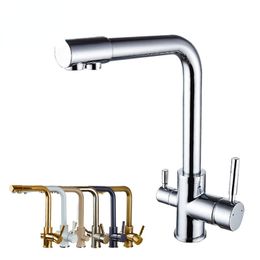 Kitchen Faucet Chrome Dual Spout Drinking Water Filter Brass Purifier Vessel Sink Mixer Tap Hot and Cold Water Torneira