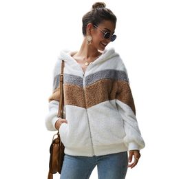Teddy Cosy Faux Fur Hoodies Women Striped Long Sleeve Hooded Zip-up Sweatshirt Casual Thick Warm Autumn Clothes Poleron Mujer 201103