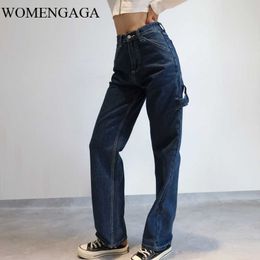 WOMENGAGA Dark Blue Denim Elegant Casual High Waist Wide Leg Pants Straight Loose Slimming Tooling Jeans For Women JKPN 210603