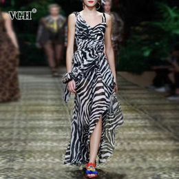 Printed Striped Asymmetrical Dress Women Square Collar High Waist Ruffle Irregular Dresses For Female Fashion Clothing 210531
