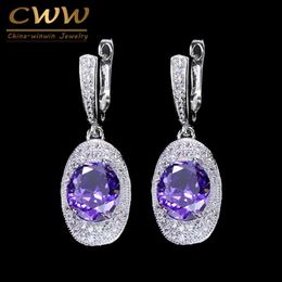 Classic Fashion Women Jewelry Purple Cubic Zirconia Stone Round Long Dangling CZ Earring with Easy Clasp CZ249 210714